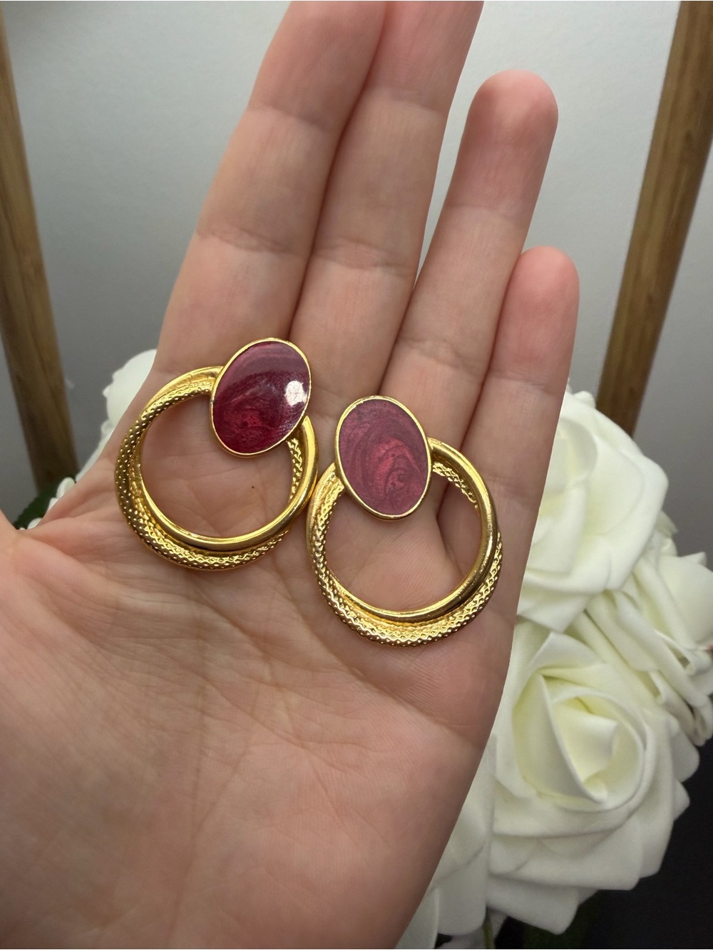 Vintage Gold Hoop Earrings with Burgundy Oval Accents - Women Jewelry